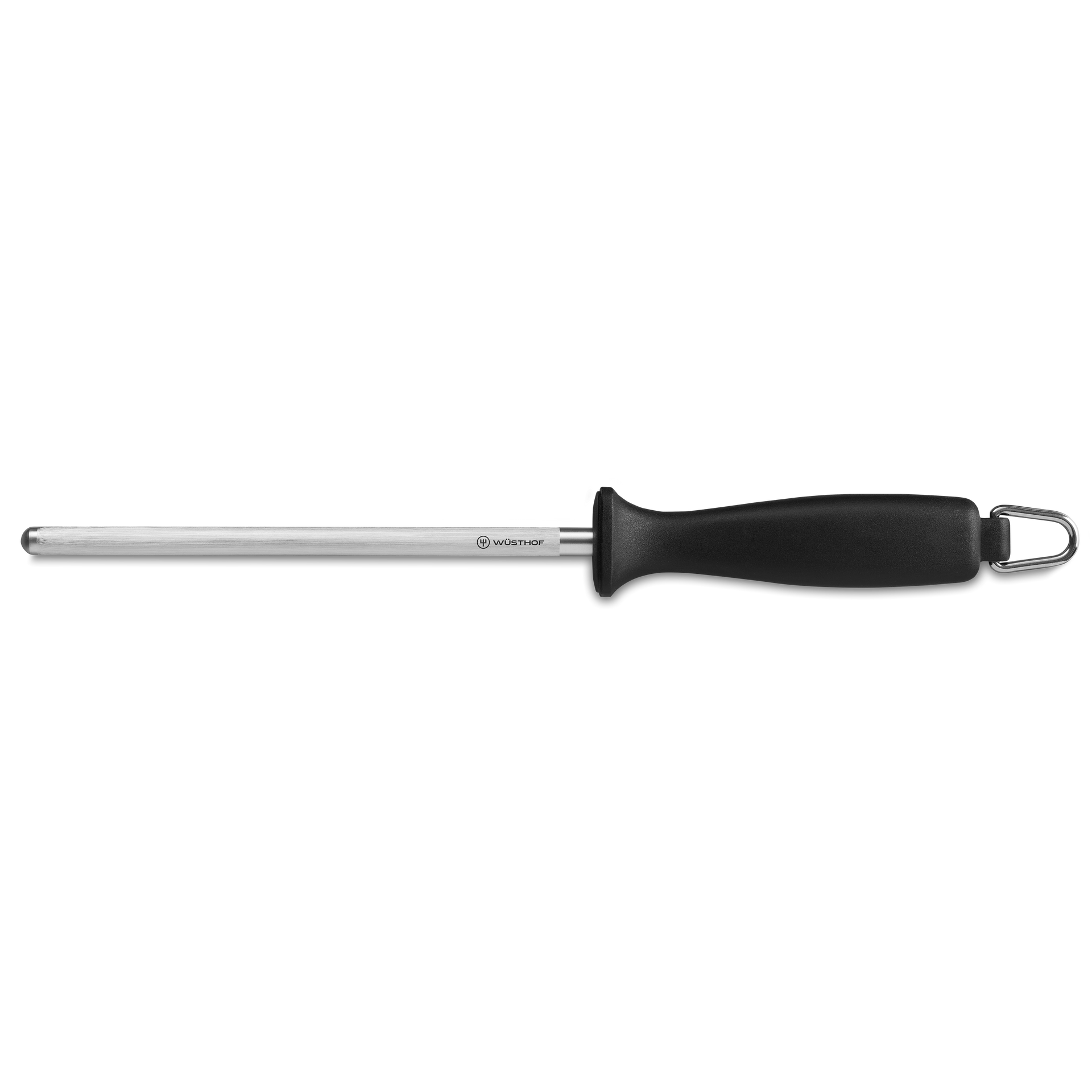 7" Honing Steel with a polished stainless steel rod and ergonomic black handle featuring a hanging loop for maintaining sharpness of German kitchen knives.
