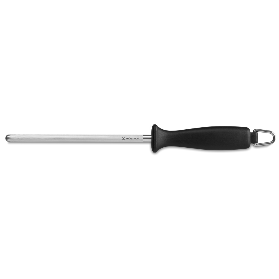 7" Honing Steel with a polished stainless steel rod and ergonomic black handle featuring a hanging loop for maintaining sharpness of German kitchen knives.