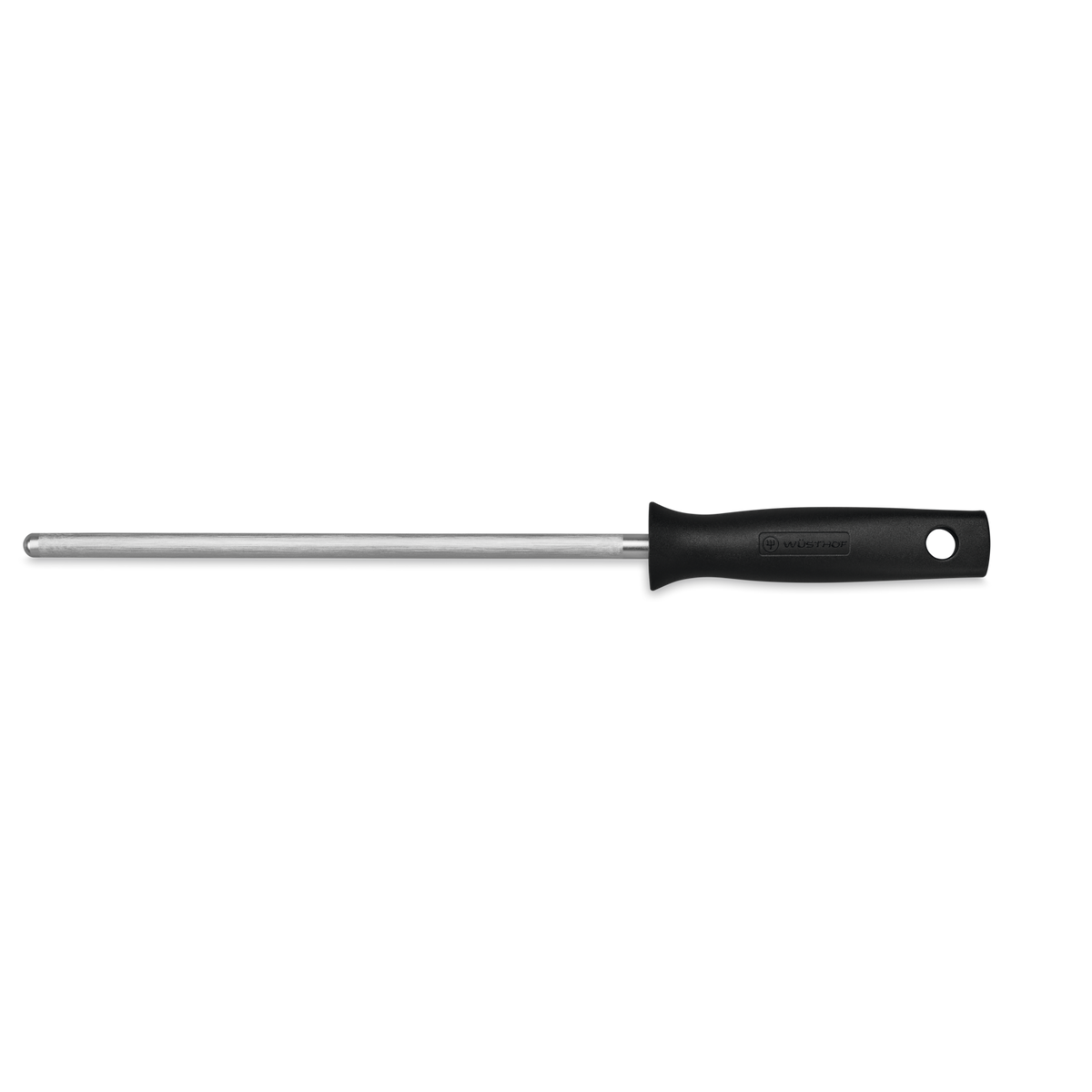 9" Honing Steel with a polished metal rod and ergonomic black handle engraved with the WÜSTHOF logo for maintaining forged kitchen knives.