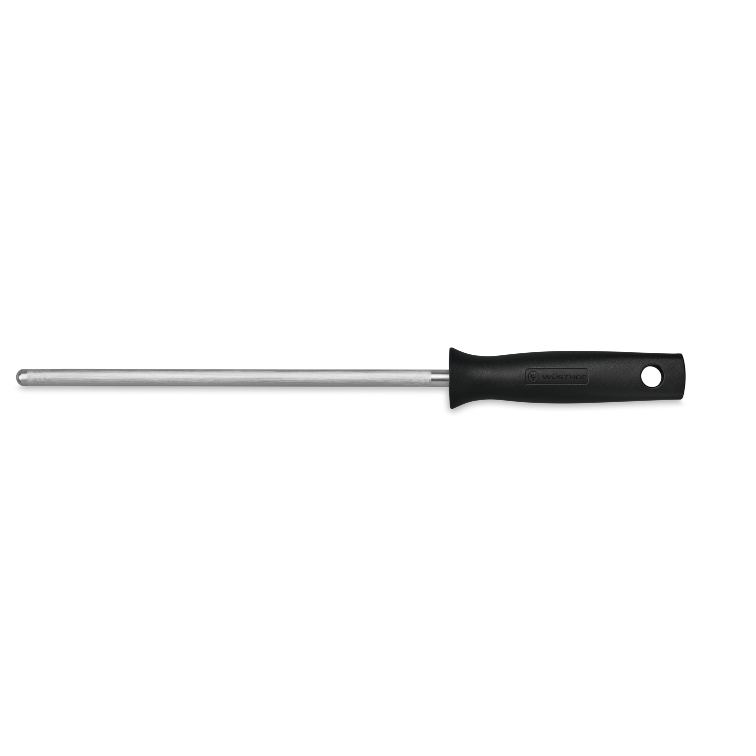9" Honing Steel with a polished metal rod and ergonomic black handle engraved with the WÜSTHOF logo for maintaining forged kitchen knives.