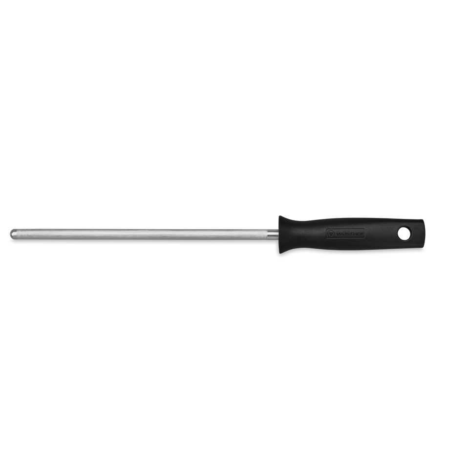 9" Honing Steel with a polished metal rod and ergonomic black handle engraved with the WÜSTHOF logo for maintaining forged kitchen knives.