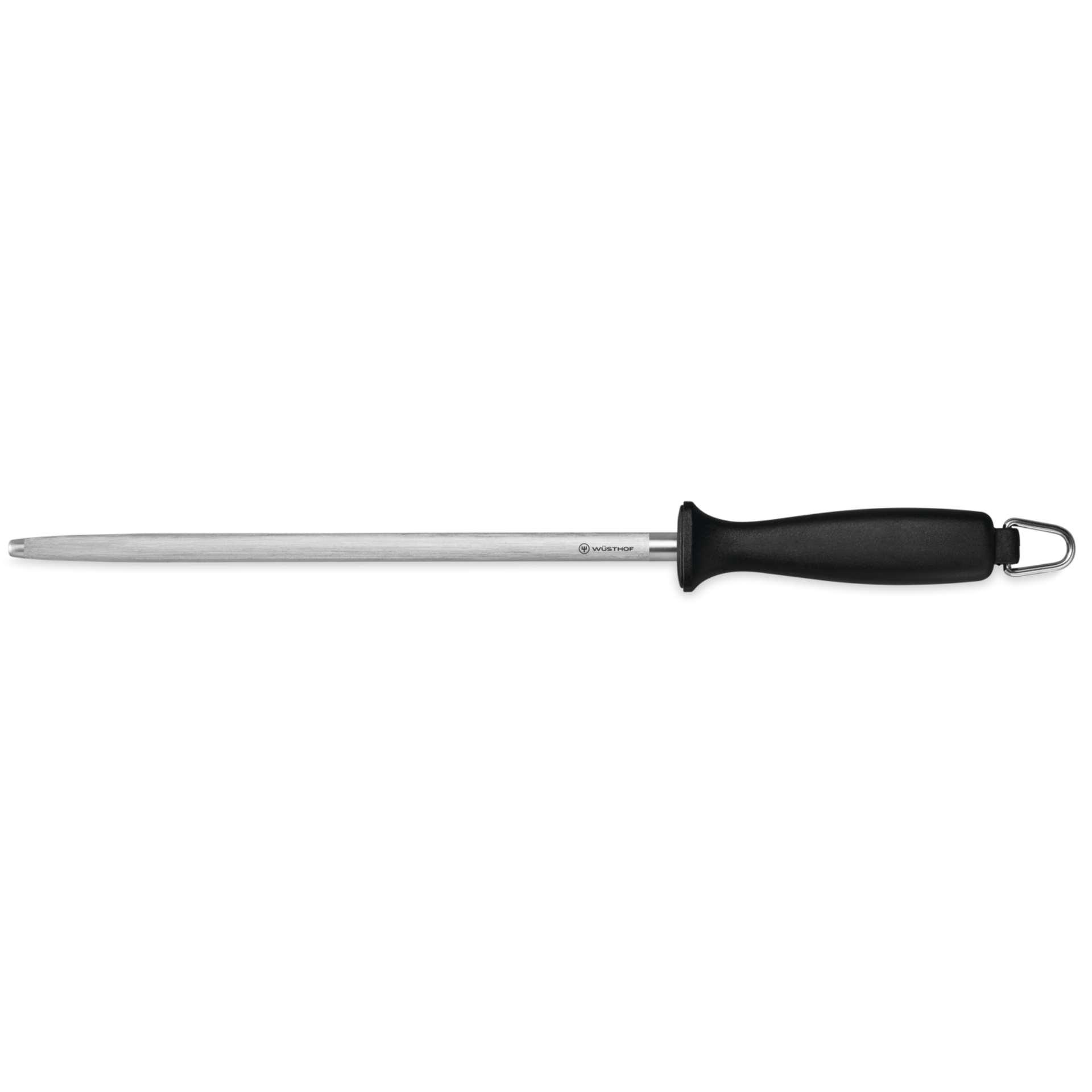 10" Honing Steel with a long stainless steel rod and black ergonomic handle designed for maintaining sharp edges on forged kitchen knives.
