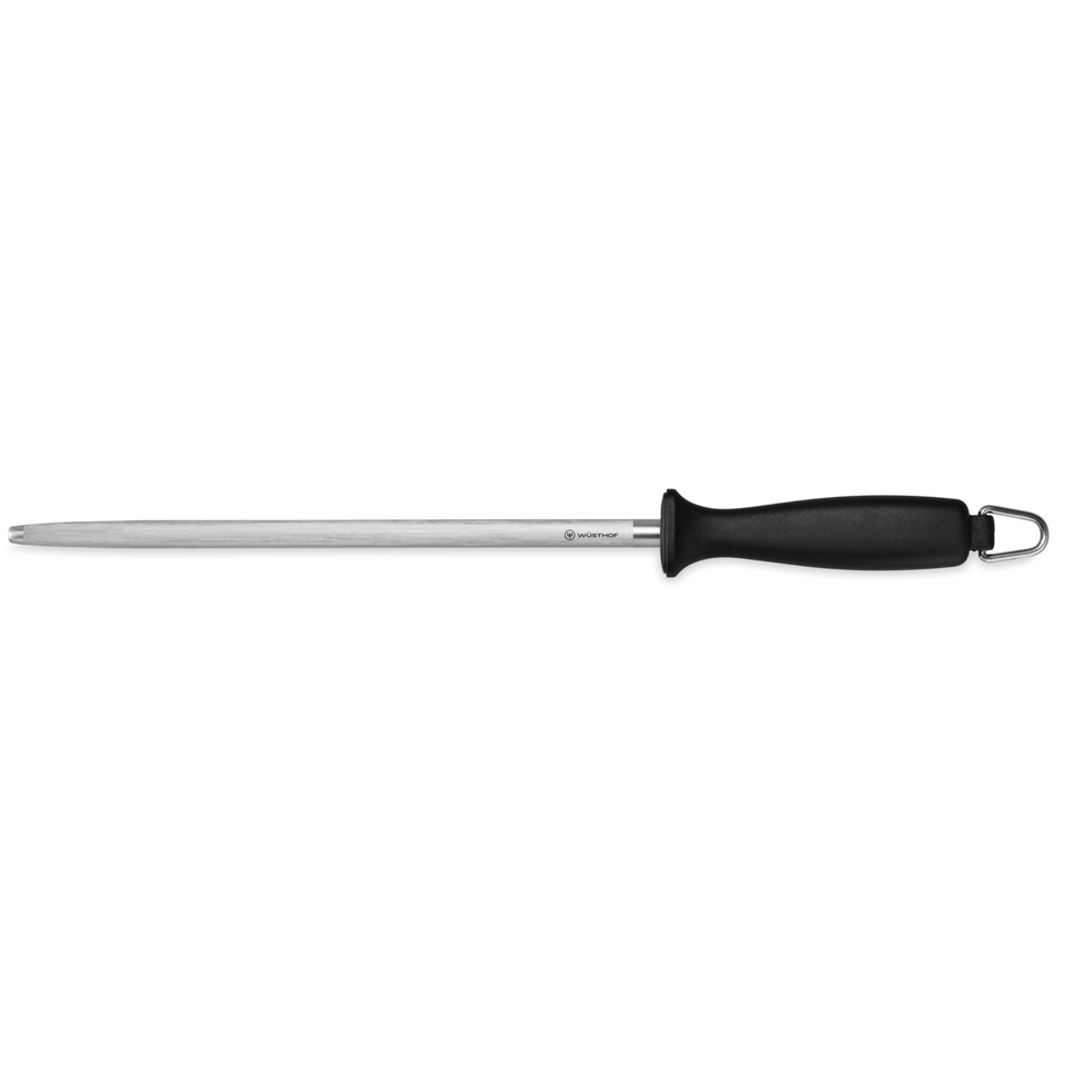 10" Honing Steel with a long stainless steel rod and black ergonomic handle designed for maintaining sharp edges on forged kitchen knives.