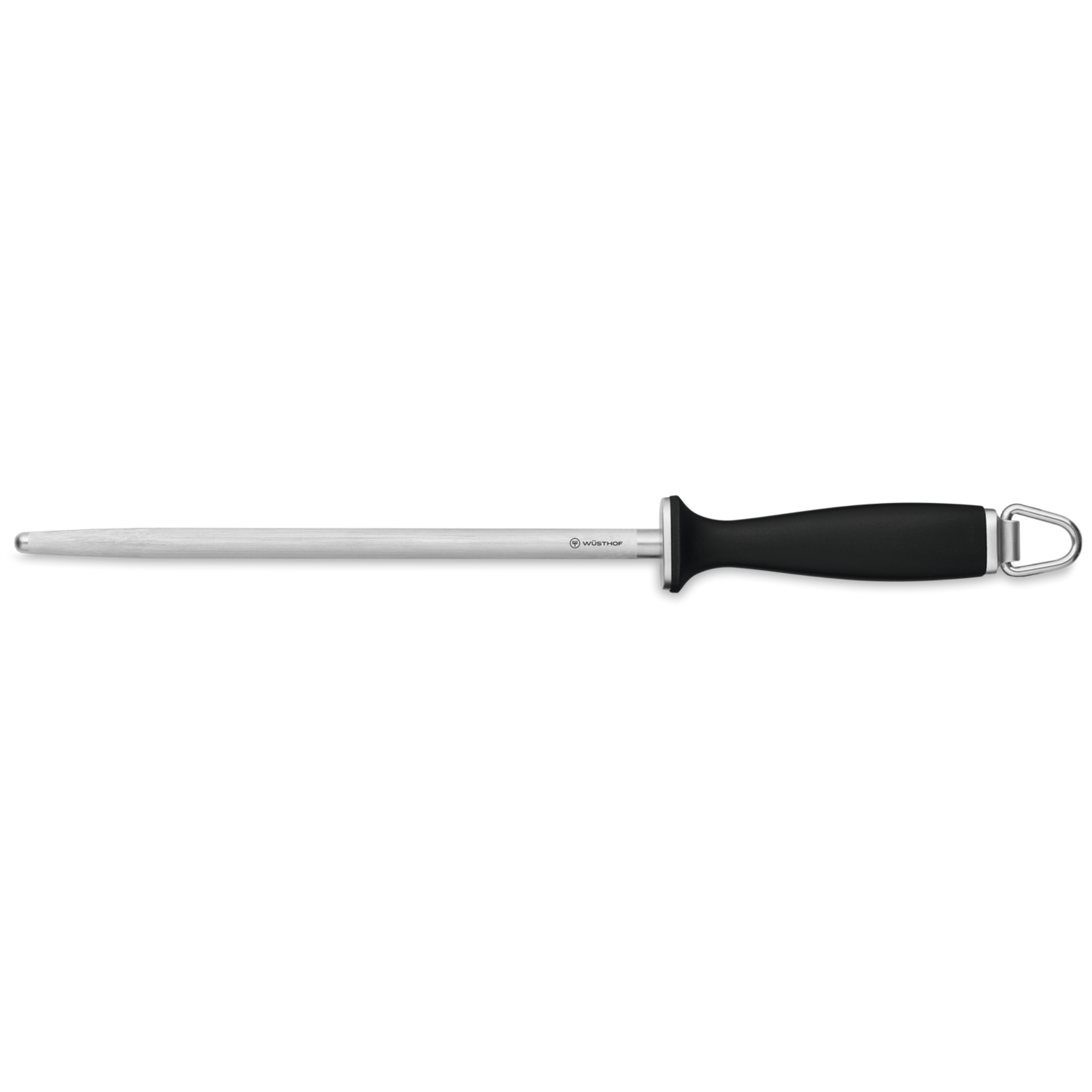 10" Honing Steel with polished stainless steel rod and black ergonomic handle featuring a hanging loop for maintaining sharp edges on WÜSTHOF forged kitchen knives.