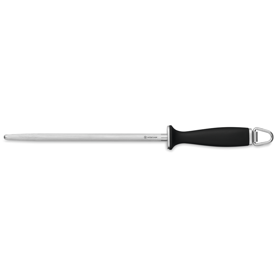 10" Honing Steel with polished stainless steel rod and black ergonomic handle featuring a hanging loop for maintaining sharp edges on WÜSTHOF forged kitchen knives.