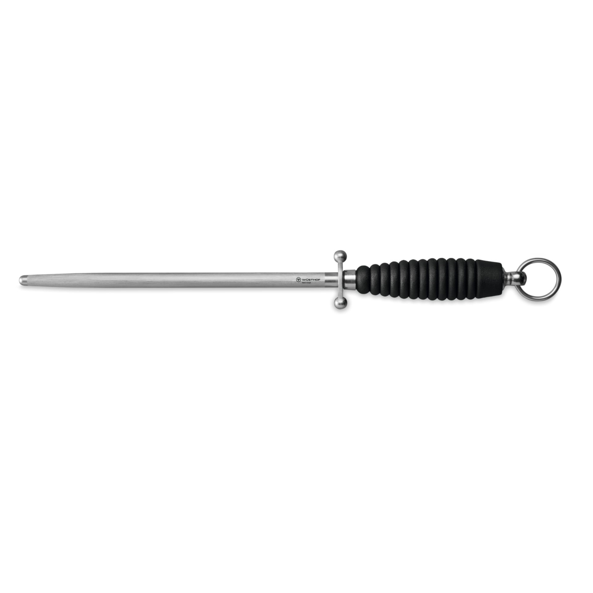 10" Honing Steel with a stainless steel rod and textured black handle featuring a protective guard and hanging ring for sharpening forged kitchen knives.