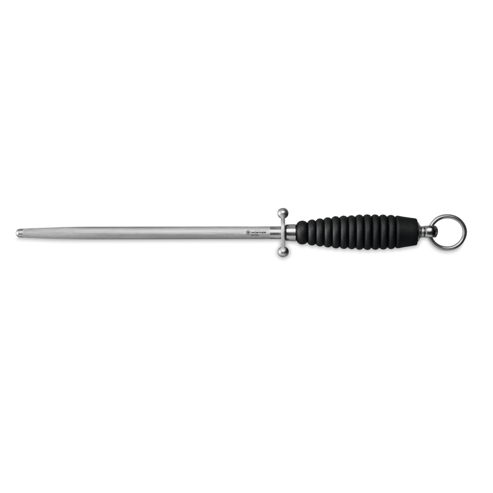 10" Honing Steel with a stainless steel rod and textured black handle featuring a protective guard and hanging ring for sharpening forged kitchen knives.