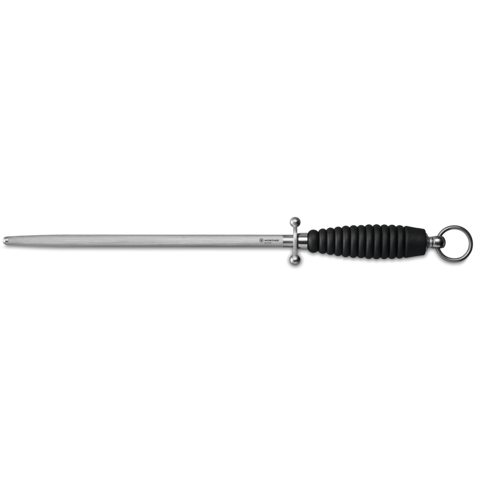 11" Honing Steel featuring a long stainless steel rod with a textured black handle and protective guard for sharpening and maintaining kitchen knives.