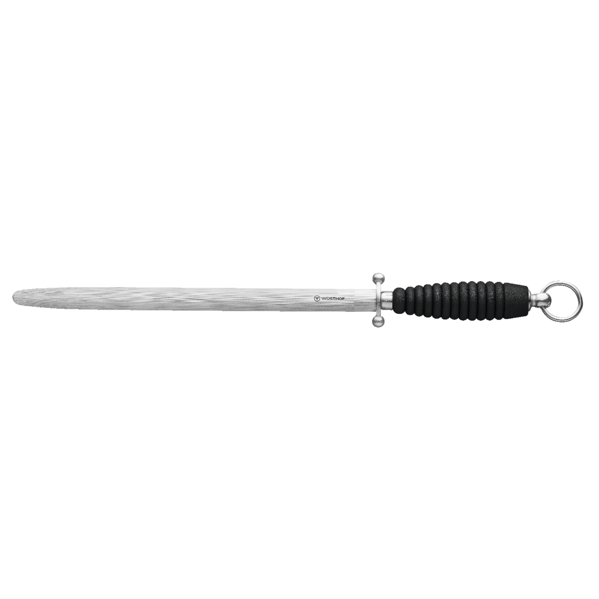 12" Oval Honing Steel with a textured polished rod, ergonomic black handle featuring a hanging loop, designed for maintaining forged kitchen knives.