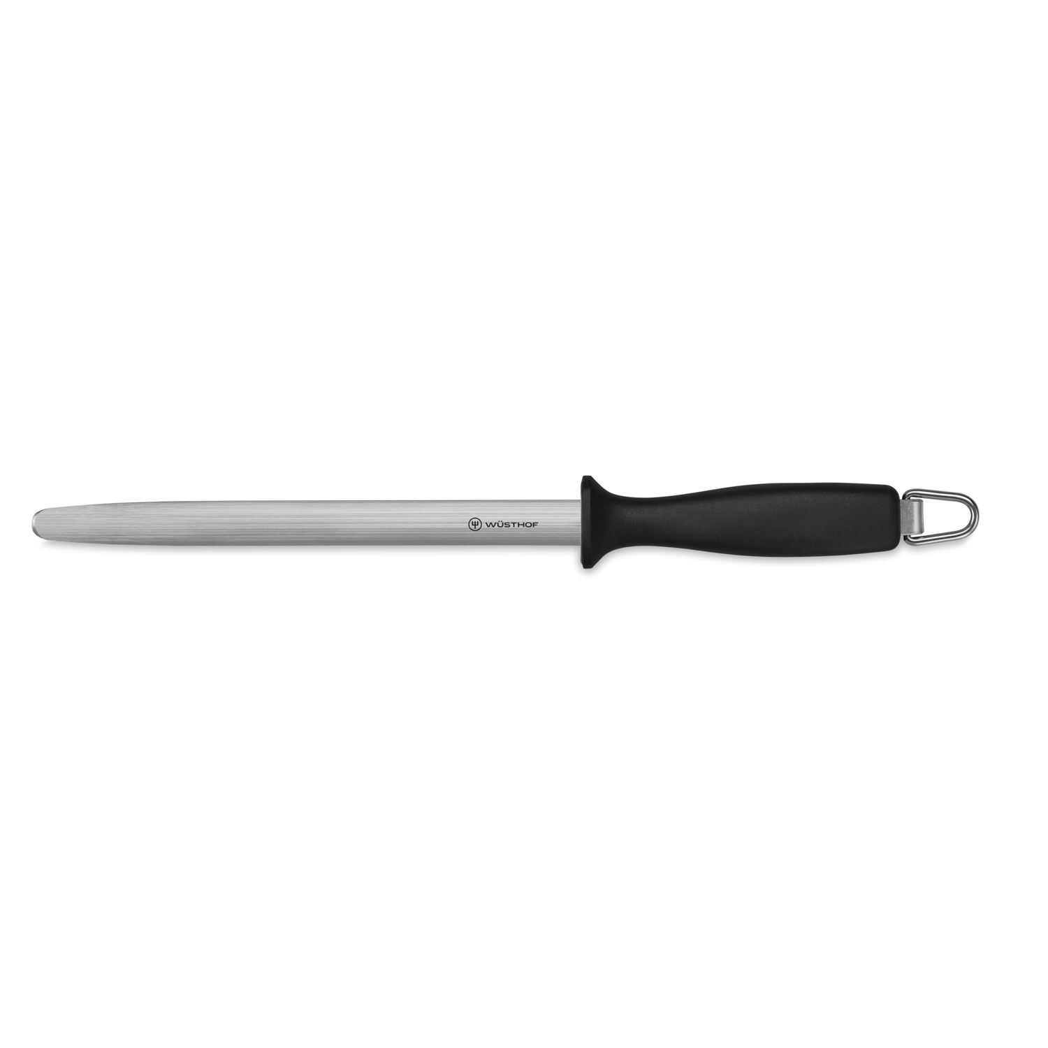 8" Honing Steel with a polished stainless steel rod and black ergonomic handle featuring a hanging loop for sharpening and maintaining WÜSTHOF German knives.