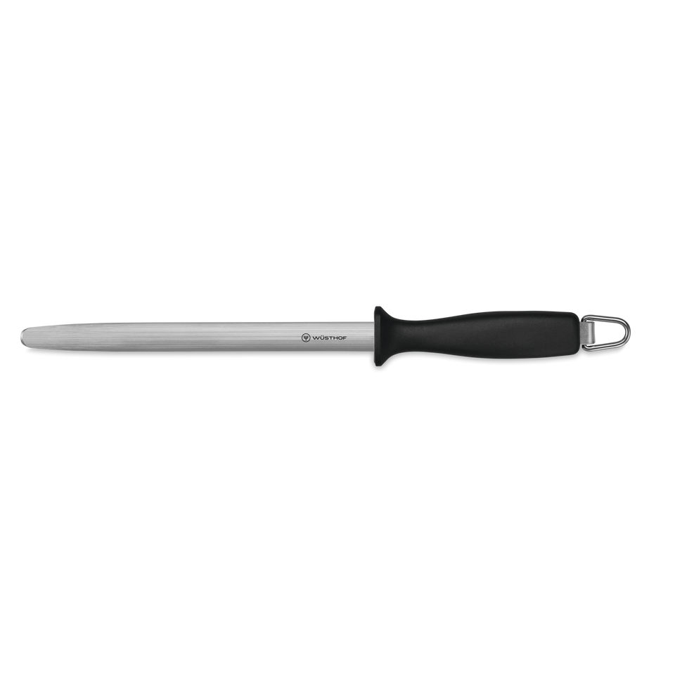 8" Honing Steel with a polished stainless steel rod and black ergonomic handle featuring a hanging loop for sharpening and maintaining WÜSTHOF German knives.
