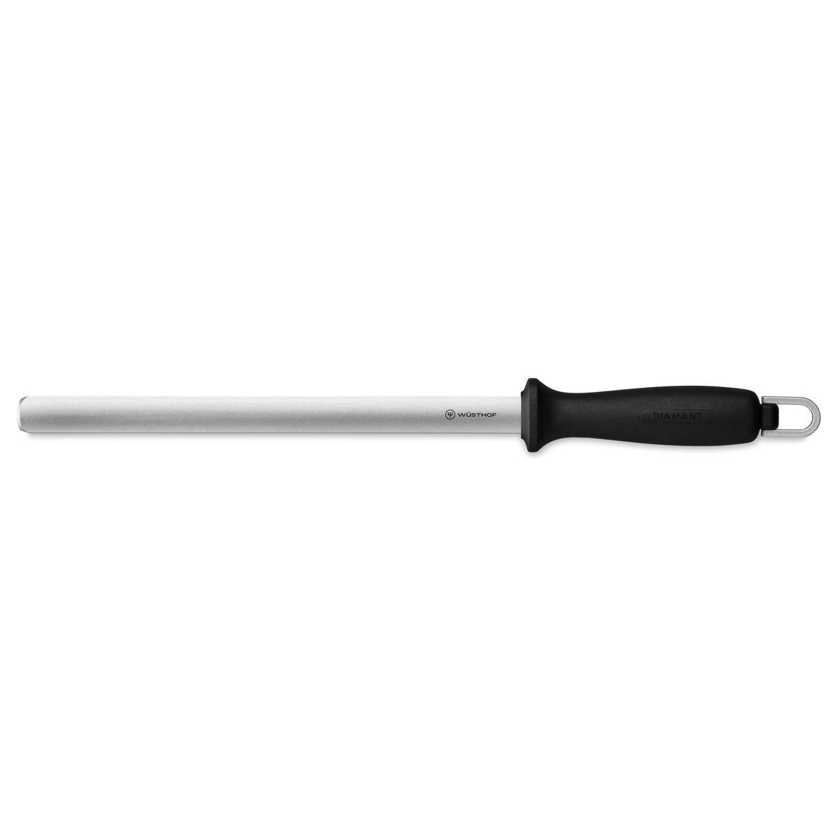 10" Diamond Knife Sharpener with a long stainless steel honing rod and ergonomic black handle for maintaining sharp edges on chefs knives and forged kitchen knives.