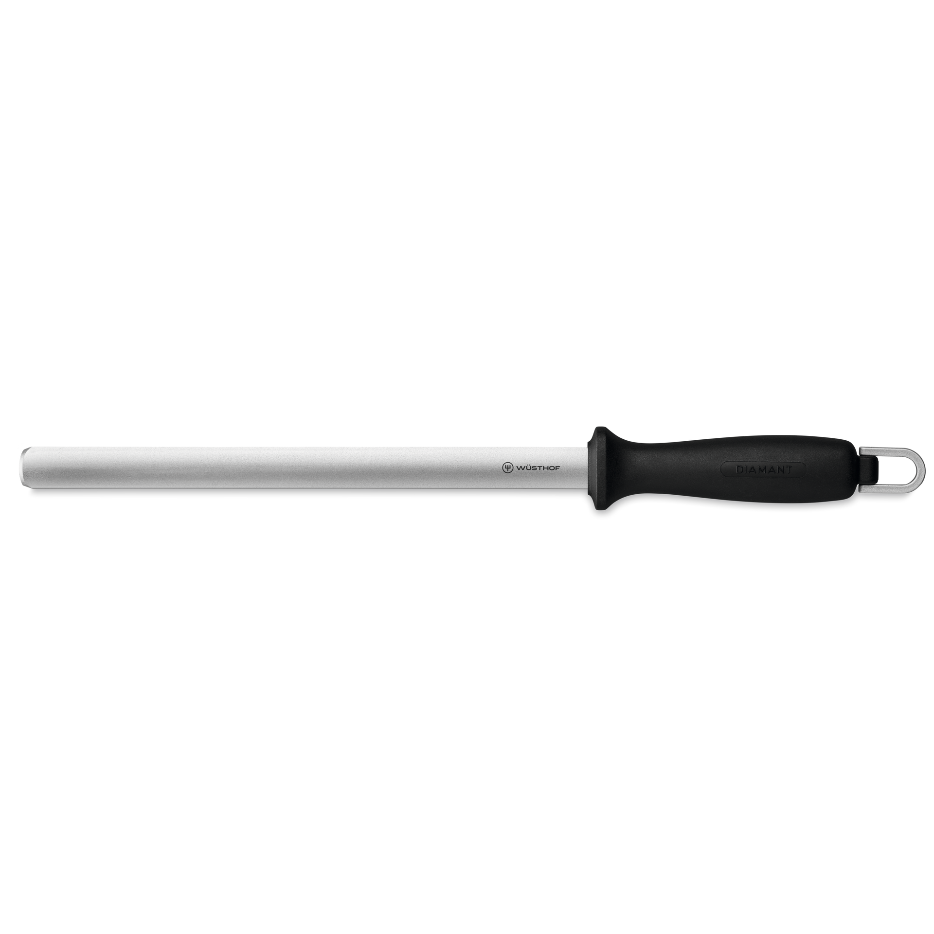 10" Diamond Knife Sharpener with a long stainless steel honing rod and ergonomic black handle for maintaining sharp edges on chefs knives and forged kitchen knives.