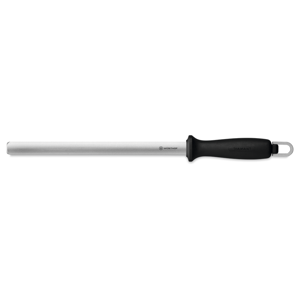 10" Diamond Knife Sharpener with a long stainless steel honing rod and ergonomic black handle for maintaining sharp edges on chefs knives and forged kitchen knives.