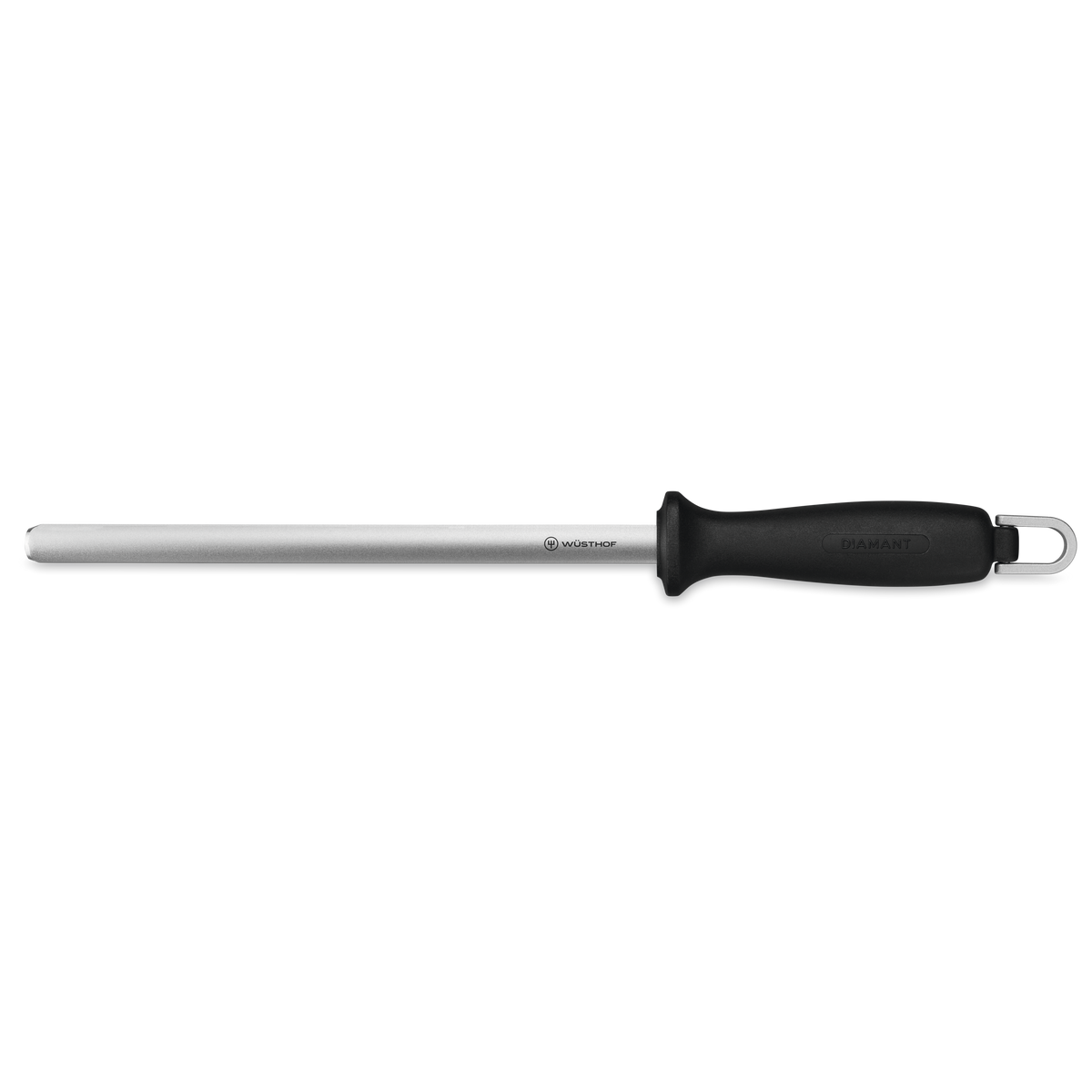 9" Fine Diamond Sharpening Rod with a polished metal rod and black ergonomic handle featuring a hanging loop for convenient storage and precise knife sharpening.