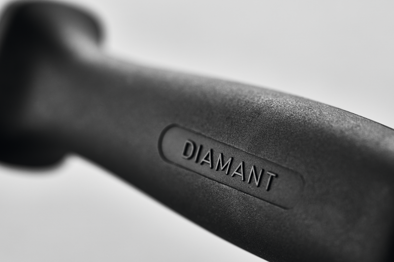 Handle close-up of the 9" Fine Diamond Sharpening Rod featuring a textured black grip embossed with the word "DIAMANT" for secure control.