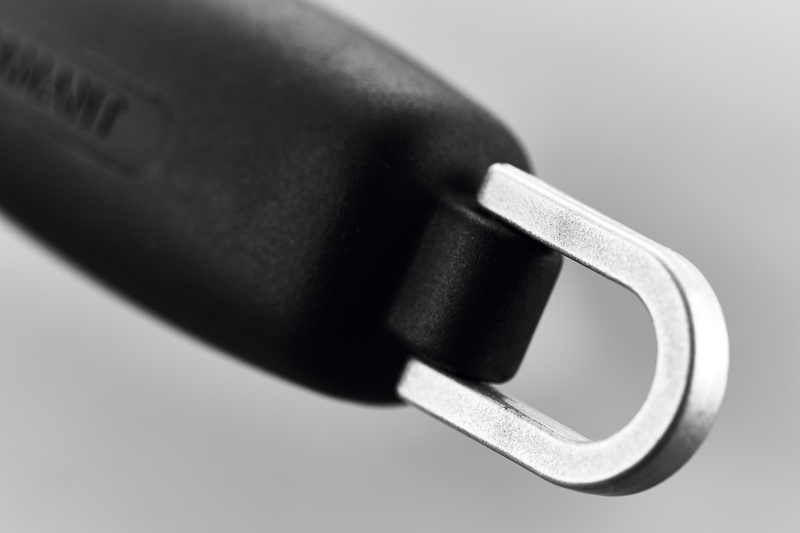 Close-up of the rear metal hanging loop and matte black ergonomic handle of the 10" Diamond Knife Sharpener designed for precision sharpening of forged kitchen knives.