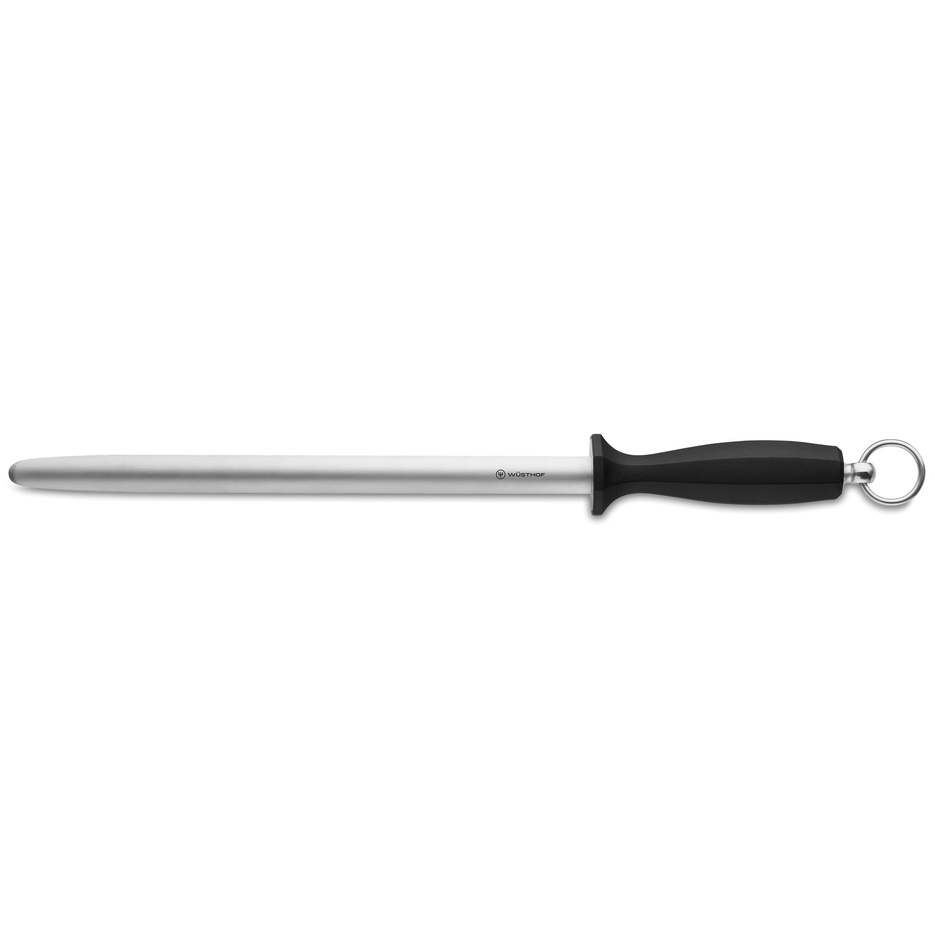 12" Butcher Steel, Extra Fine with long stainless steel rod and ergonomic black handle featuring a hanging ring for sharpening forged kitchen knives.