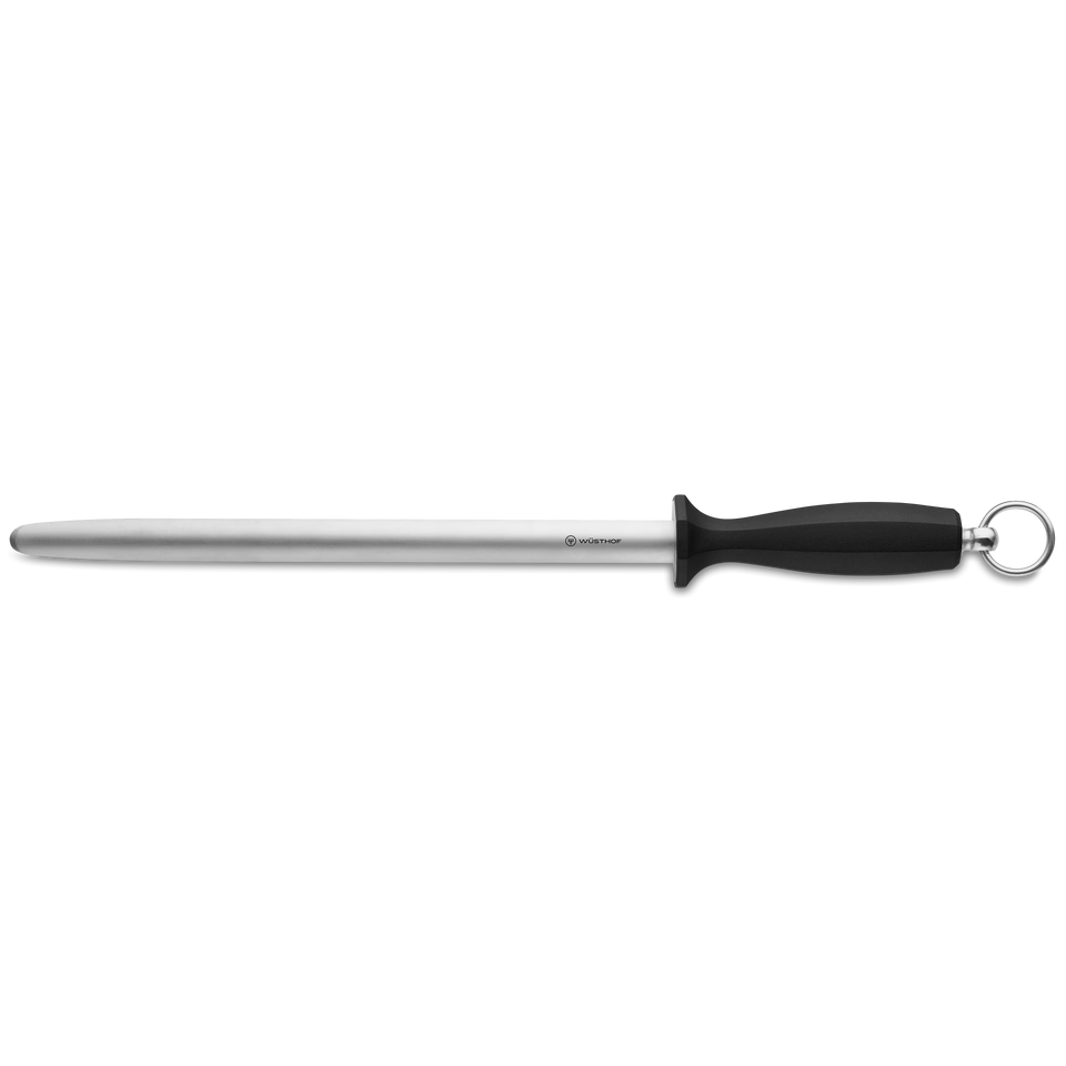 12" Butcher Steel, Extra Fine with long stainless steel rod and ergonomic black handle featuring a hanging ring for sharpening forged kitchen knives.