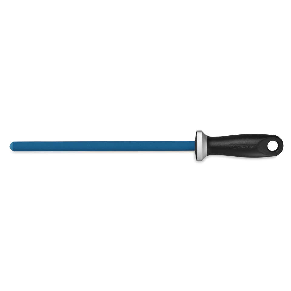 10" Ceramic Sharpening Rod J800 with a blue ceramic honing surface and ergonomic black handle, designed for precision knife sharpening.