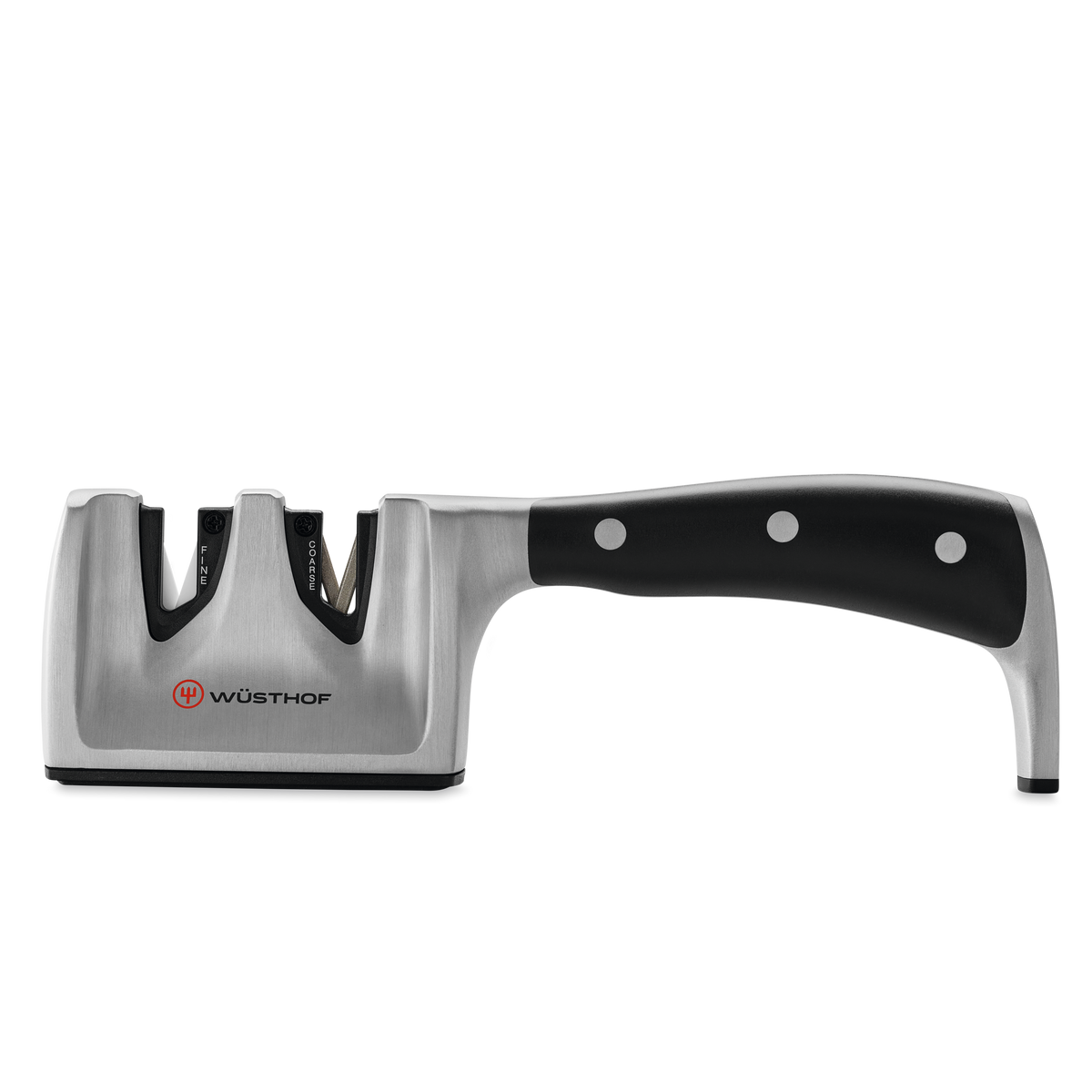 Classic Ikon Hand-Held Knife Sharpener with stainless steel body and ergonomic black handle designed for sharpening WÜSTHOF forged kitchen knives.