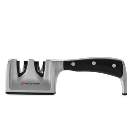 Classic Ikon Hand-Held Knife Sharpener with stainless steel body and ergonomic black handle designed for sharpening WÜSTHOF forged kitchen knives.