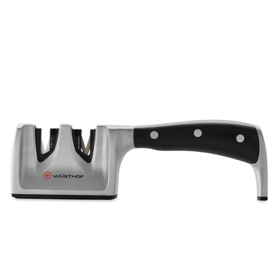 Classic Ikon Hand-Held Knife Sharpener with stainless steel body and ergonomic black handle designed for sharpening WÜSTHOF forged kitchen knives.