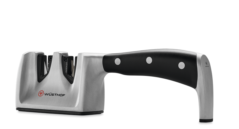 Classic Ikon Hand-Held Knife Sharpener featuring a sturdy stainless steel body with an ergonomic black handle designed for sharpening WÜSTHOF forged kitchen knives.
