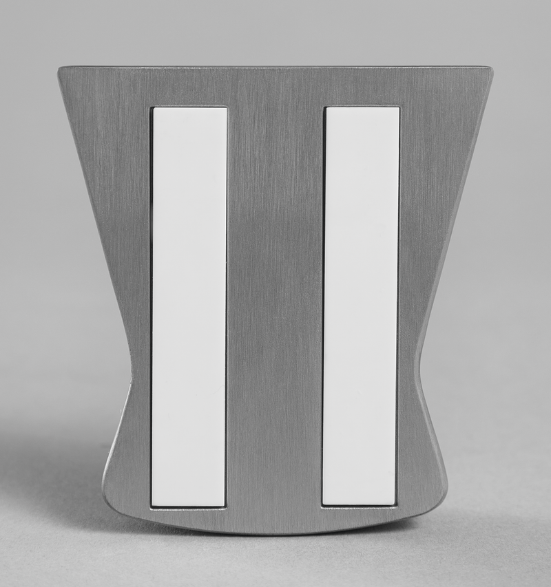 Sharpening Guide 'Slider' with brushed metal surface and two smooth white strips, designed to assist in precise angle control for WÜSTHOF forged kitchen knives.