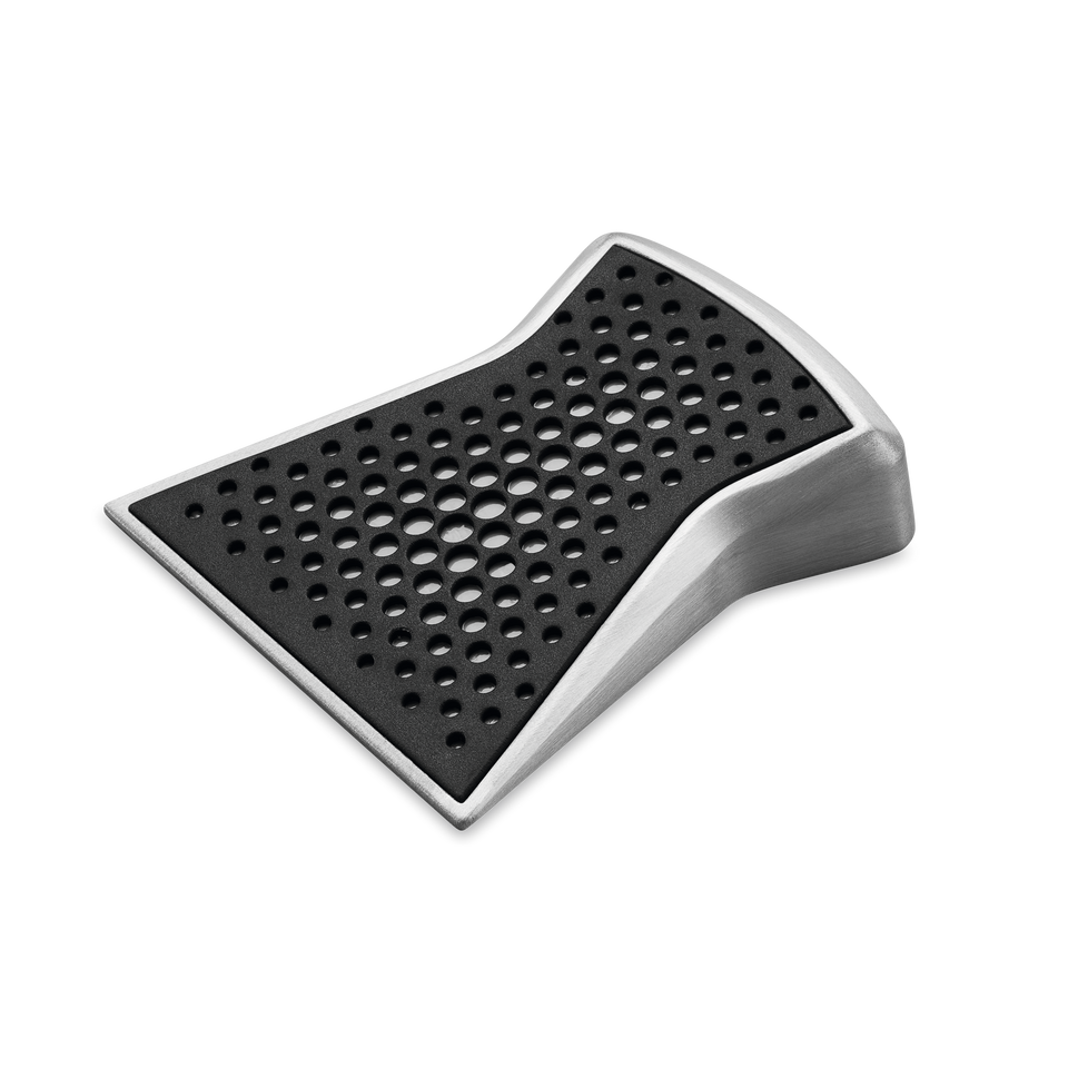 Sharpening Guide 'Slider' with stainless steel frame and perforated black rubber surface designed for precise knife angle adjustment and sharpening control.