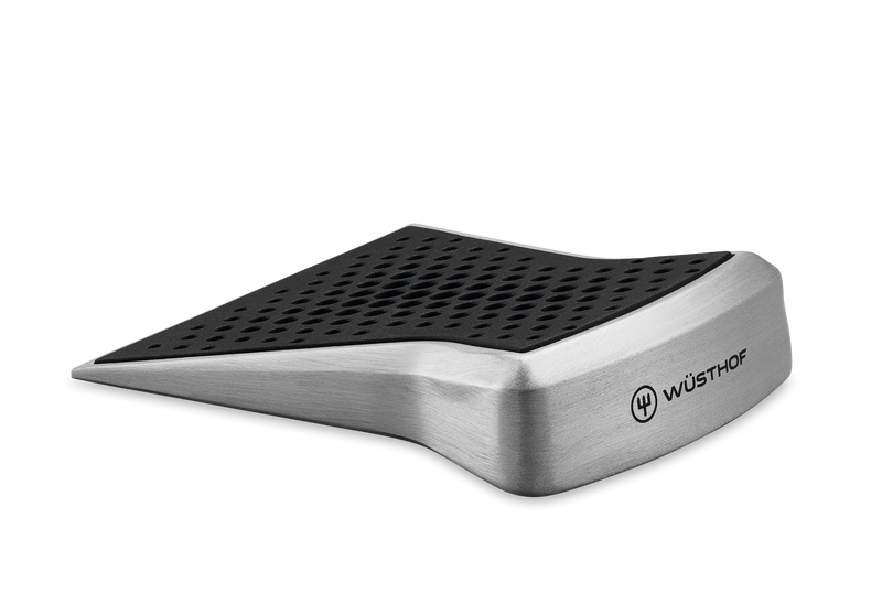 Sharpening Guide 'Slider' with brushed stainless steel body and perforated black rubber surface for precise angle control when sharpening WÜSTHOF knives.