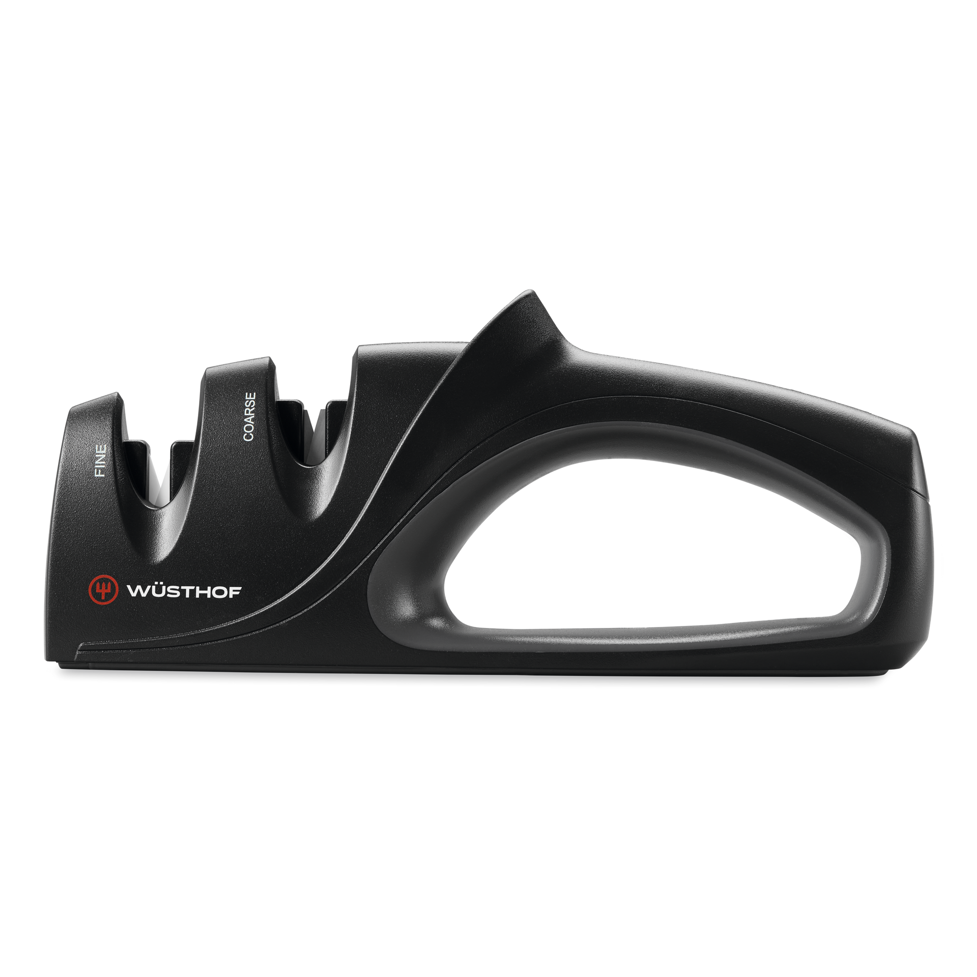 Two-Stage Hand-Held Knife Sharpener with ergonomic black handle and dual sharpening slots labeled fine and coarse for maintaining WÜSTHOF forged kitchen knives.