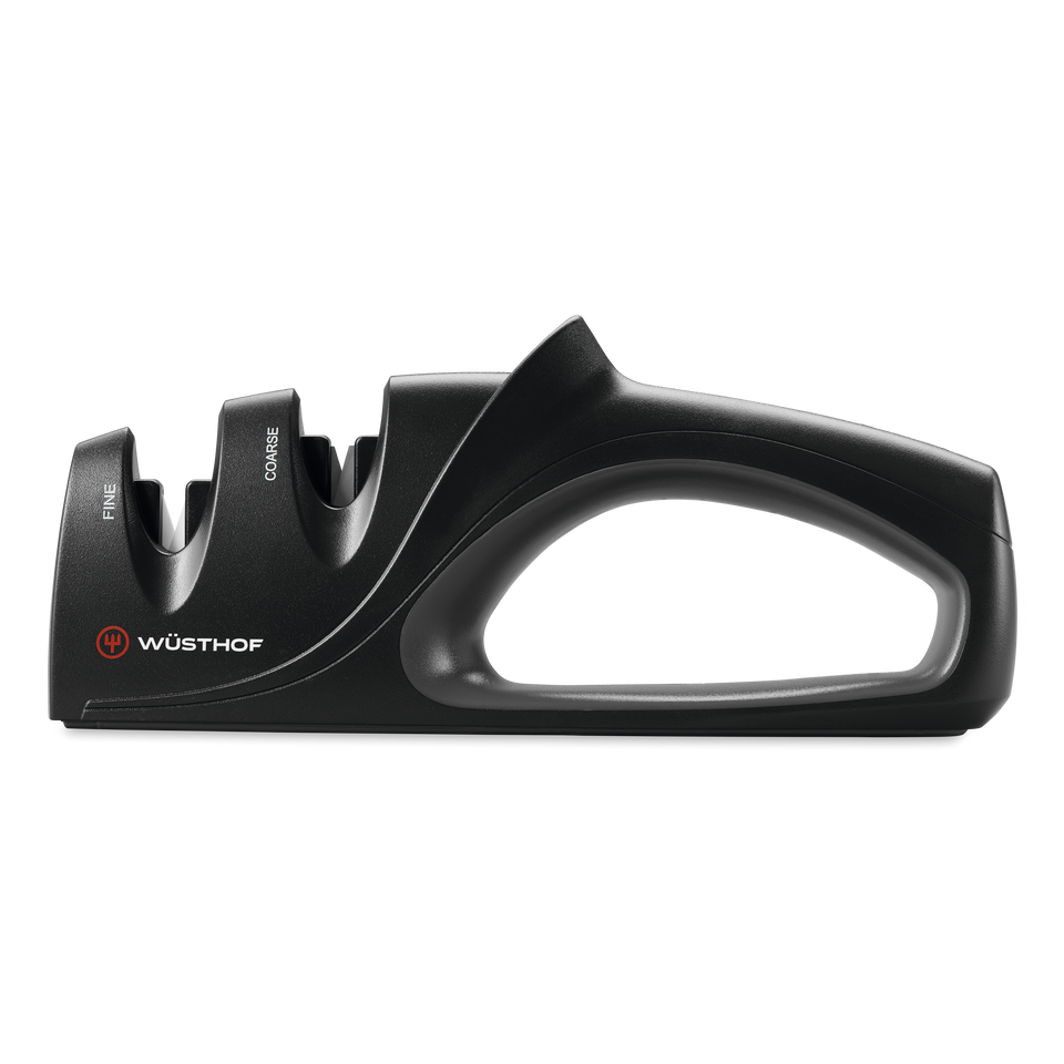 Two-Stage Hand-Held Knife Sharpener with ergonomic black handle and dual sharpening slots labeled fine and coarse for maintaining WÜSTHOF forged kitchen knives.