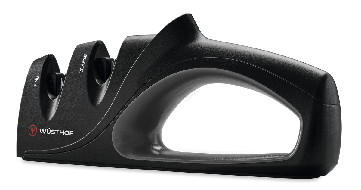 Two-Stage Hand-Held Knife Sharpener with ergonomic black handle and dual slots labeled fine and coarse, designed for maintaining WÜSTHOF forged kitchen knives.