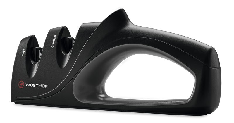 Two-Stage Hand-Held Knife Sharpener with ergonomic black handle and dual slots labeled fine and coarse, designed for maintaining WÜSTHOF forged kitchen knives.