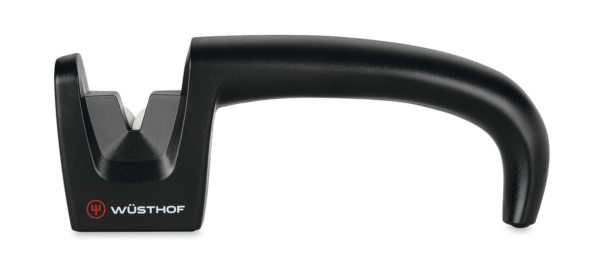 Hand-Held Knife Sharpener with ergonomic black handle and tungsten carbide sharpening slots for quick and effective honing of kitchen knives.