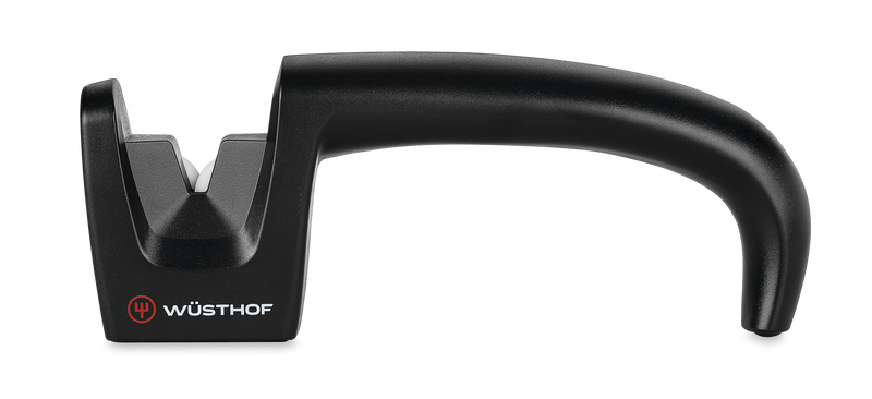 Hand-Held Knife Sharpener with ergonomic black handle and tungsten carbide sharpening slots for quick and effective honing of kitchen knives.