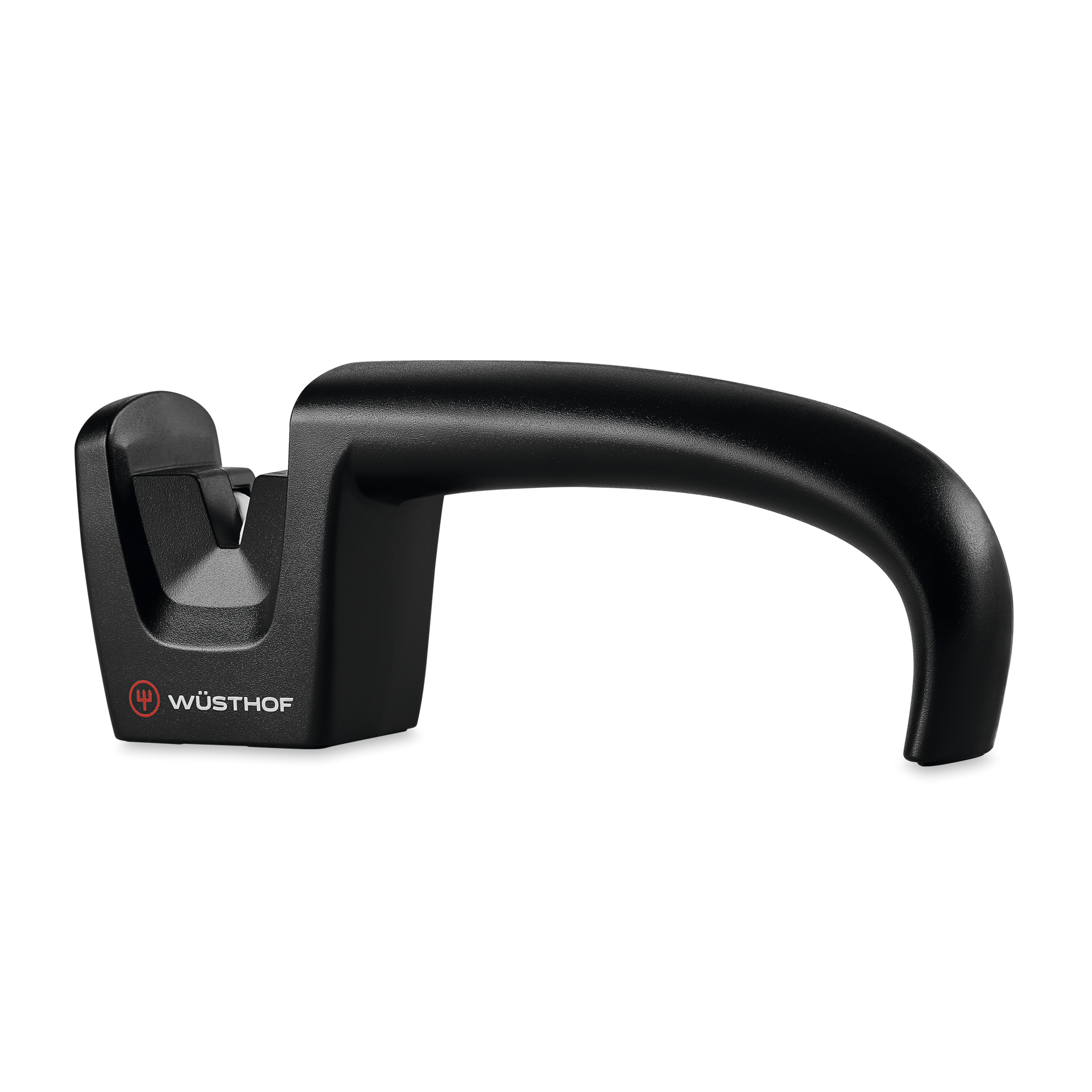 Hand-Held Knife Sharpener with ergonomic black handle and WÜSTHOF logo, designed for easy sharpening of forged German kitchen knives.