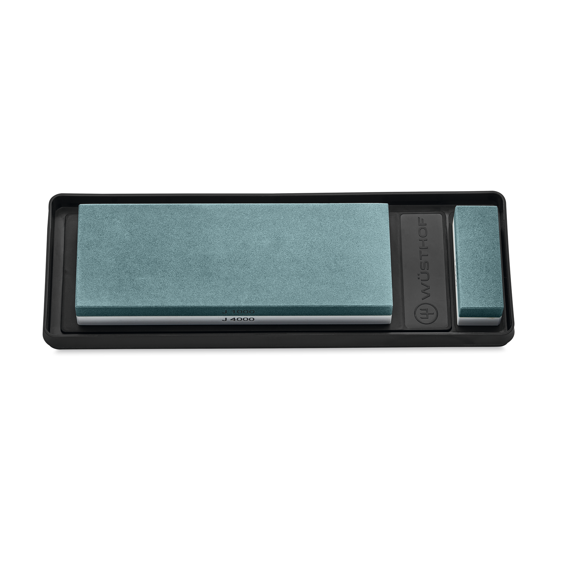 Whetstone J 1000 / 4000 incl. non-slip Holder with dual surface grits in muted teal for sharpening and honing forged kitchen knives with a compact design.