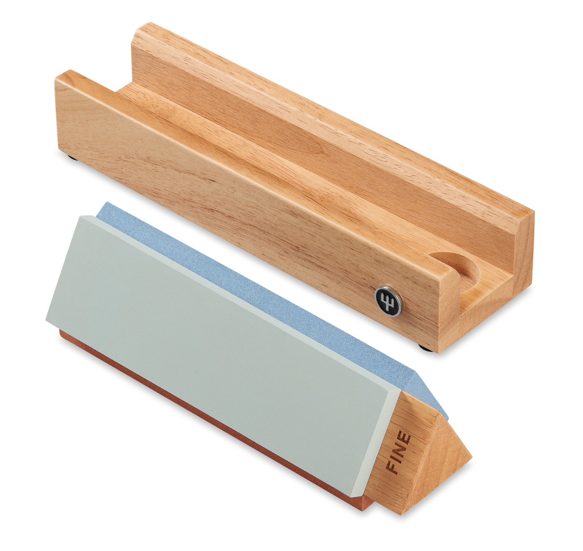 Tri-Stone Knife Sharpener with a wooden base featuring a groove and a detachable sharpening stone labeled fine grit for restoring edge on forged kitchen knives.