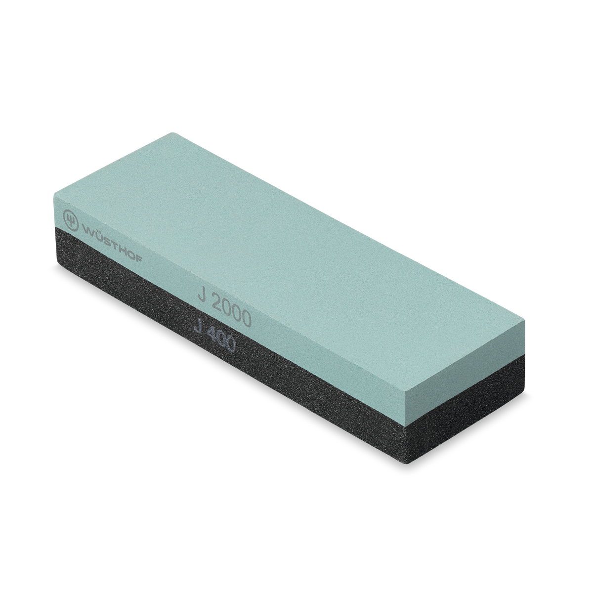 Whetstone J 400 / 2000 with dual grit sharpening surfaces in muted teal and black for sharpening and refining edges on WÜSTHOF forged kitchen knives.