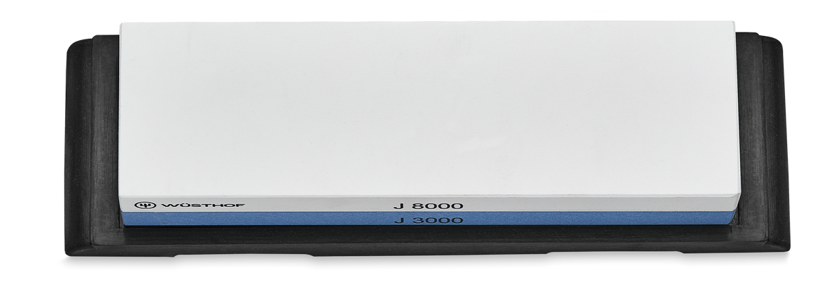 Whetstone J 3000 / 8000 incl. non-slip Holder with dual grit sharpening and polishing surfaces in white and blue for refining edges on forged German kitchen knives.