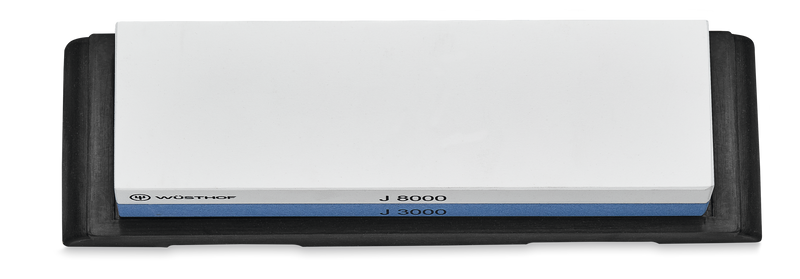 Whetstone J 3000 / 8000 incl. non-slip Holder with dual grit sharpening and polishing surfaces in white and blue for refining edges on forged German kitchen knives.