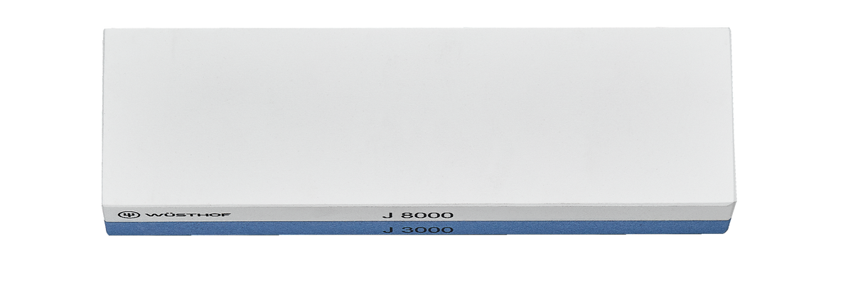 Whetstone J 3000 / 8000 incl. non-slip Holder with dual grit sharpening and polishing surfaces in white and blue for refining edges on forged kitchen knives.