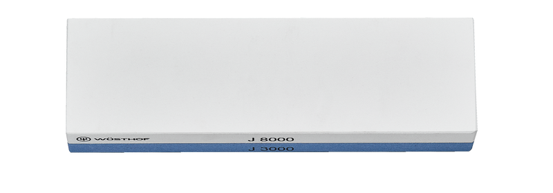 Whetstone J 3000 / 8000 incl. non-slip Holder with dual grit sharpening and polishing surfaces in white and blue for refining edges on forged kitchen knives.
