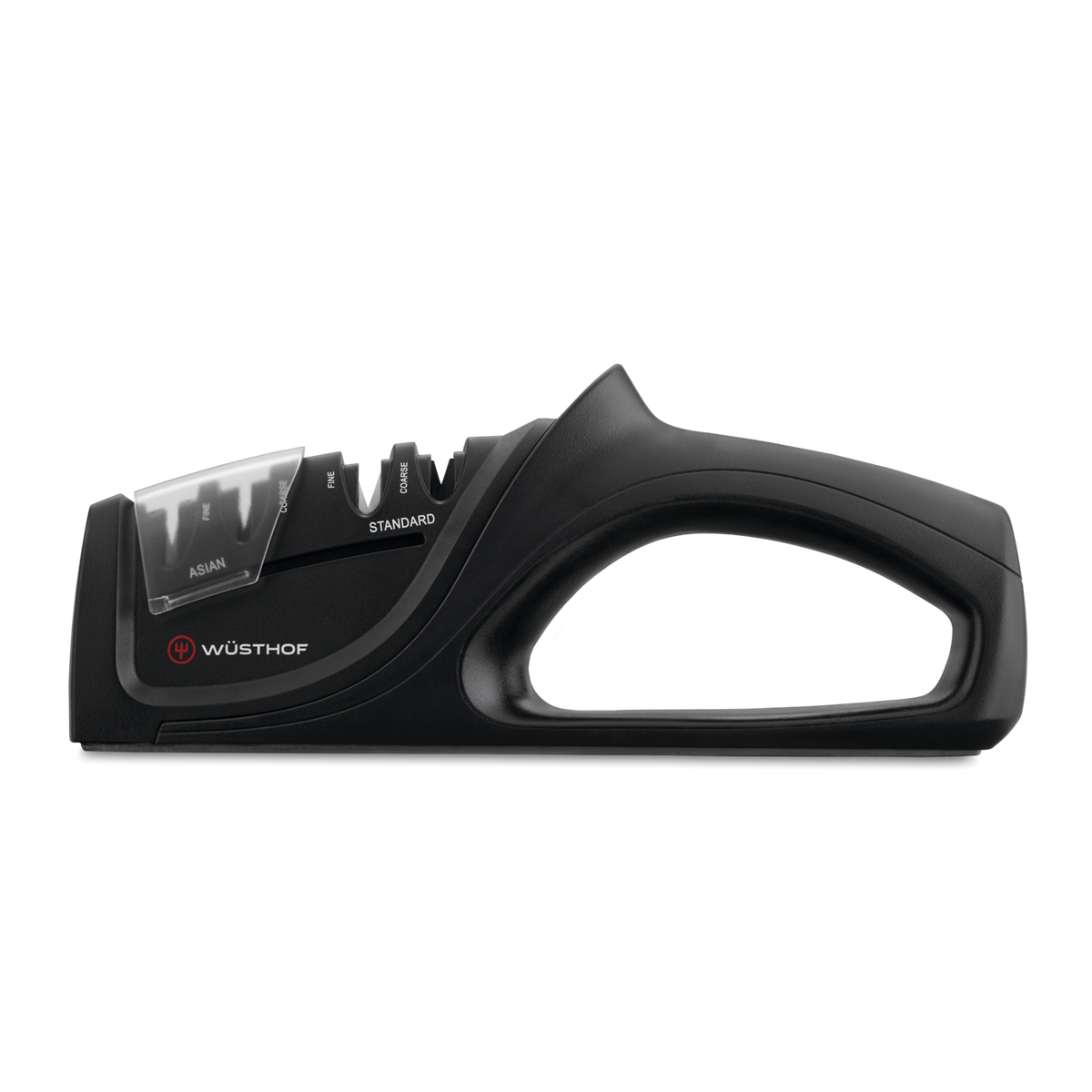 Universal Hand-Held Knife Sharpener with ergonomic black handle, featuring dual sharpening slots labeled Asian and Standard, designed for WÜSTHOF knives.