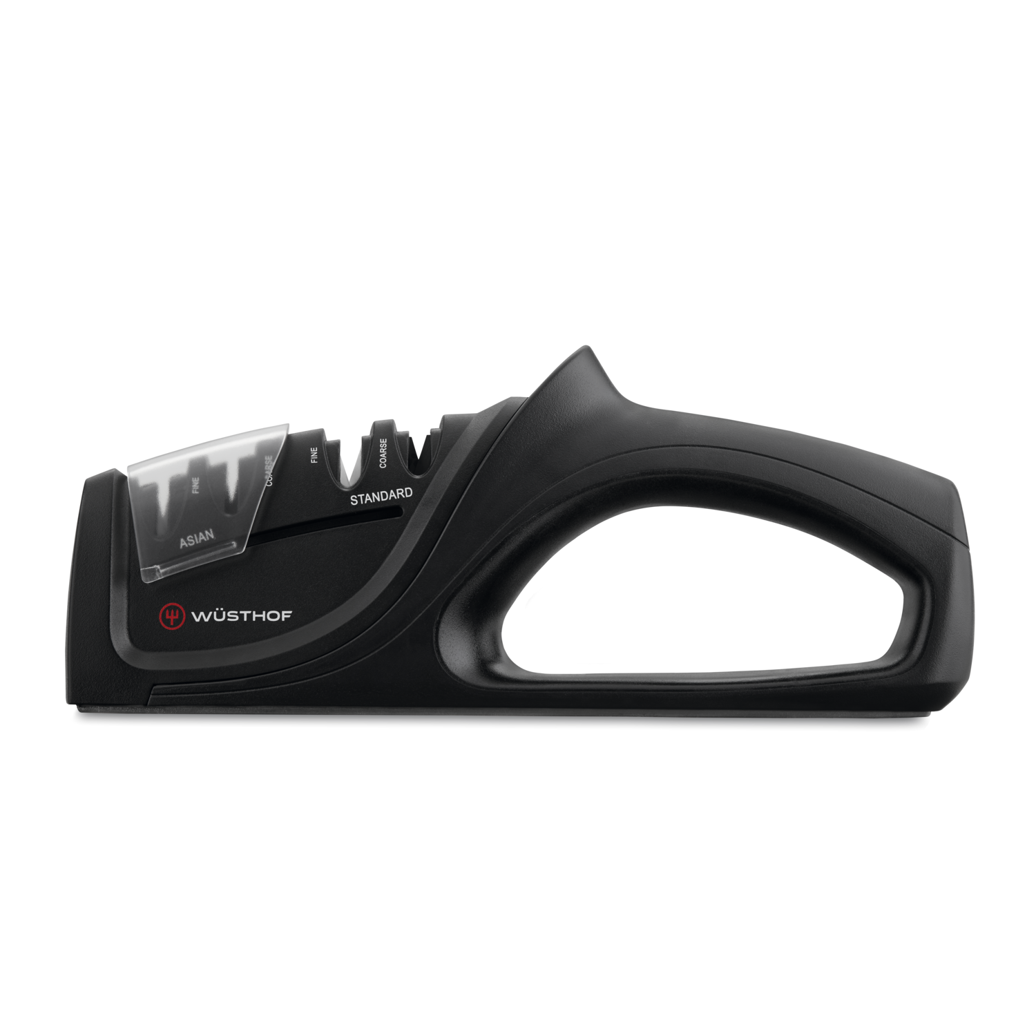 Universal Hand-Held Knife Sharpener with ergonomic black handle, featuring dual sharpening slots labeled Asian and Standard, designed for WÜSTHOF knives.