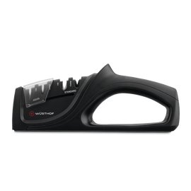 Universal Hand-Held Knife Sharpener with ergonomic black handle, featuring dual sharpening slots labeled Asian and Standard, designed for WÜSTHOF knives.