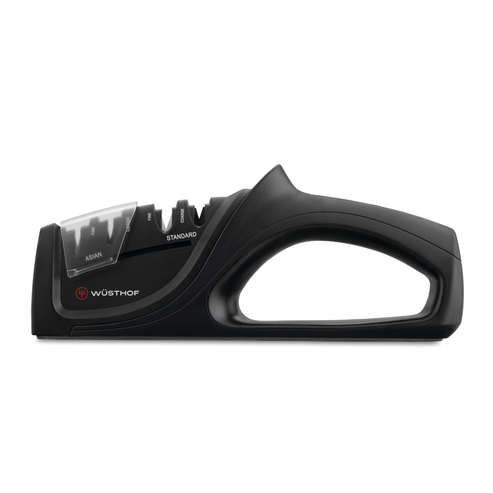 Universal Hand-Held Knife Sharpener with ergonomic black handle, featuring dual sharpening slots labeled Asian and Standard, designed for WÜSTHOF knives.