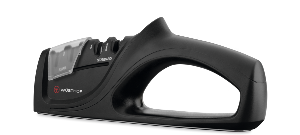 Universal Hand-Held Knife Sharpener with ergonomic black handle and dual slots labeled Asian and Standard, compatible with WÜSTHOF kitchen knives.